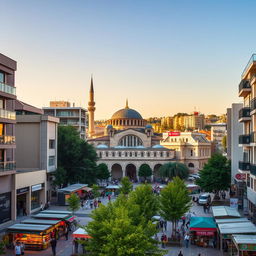 A vibrant cityscape of Pristina, the capital city of Kosovo, showcasing the stunning architecture of a traditional mosque