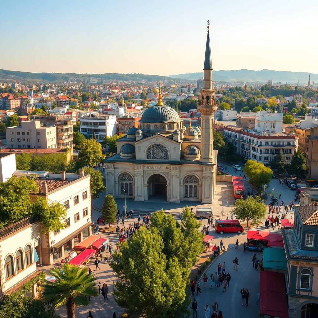 A vibrant cityscape of Pristina, the capital city of Kosovo, showcasing the stunning architecture of a traditional mosque