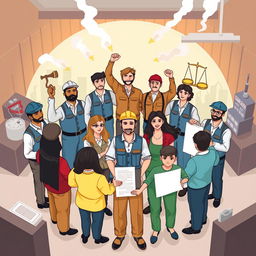 An inspiring illustration representing workers' rights, featuring a diverse group of workers standing united in a circle