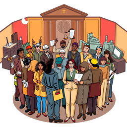 An inspiring illustration representing workers' rights, featuring a diverse group of workers standing united in a circle