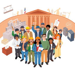 An inspiring illustration representing workers' rights, featuring a diverse group of workers standing united in a circle