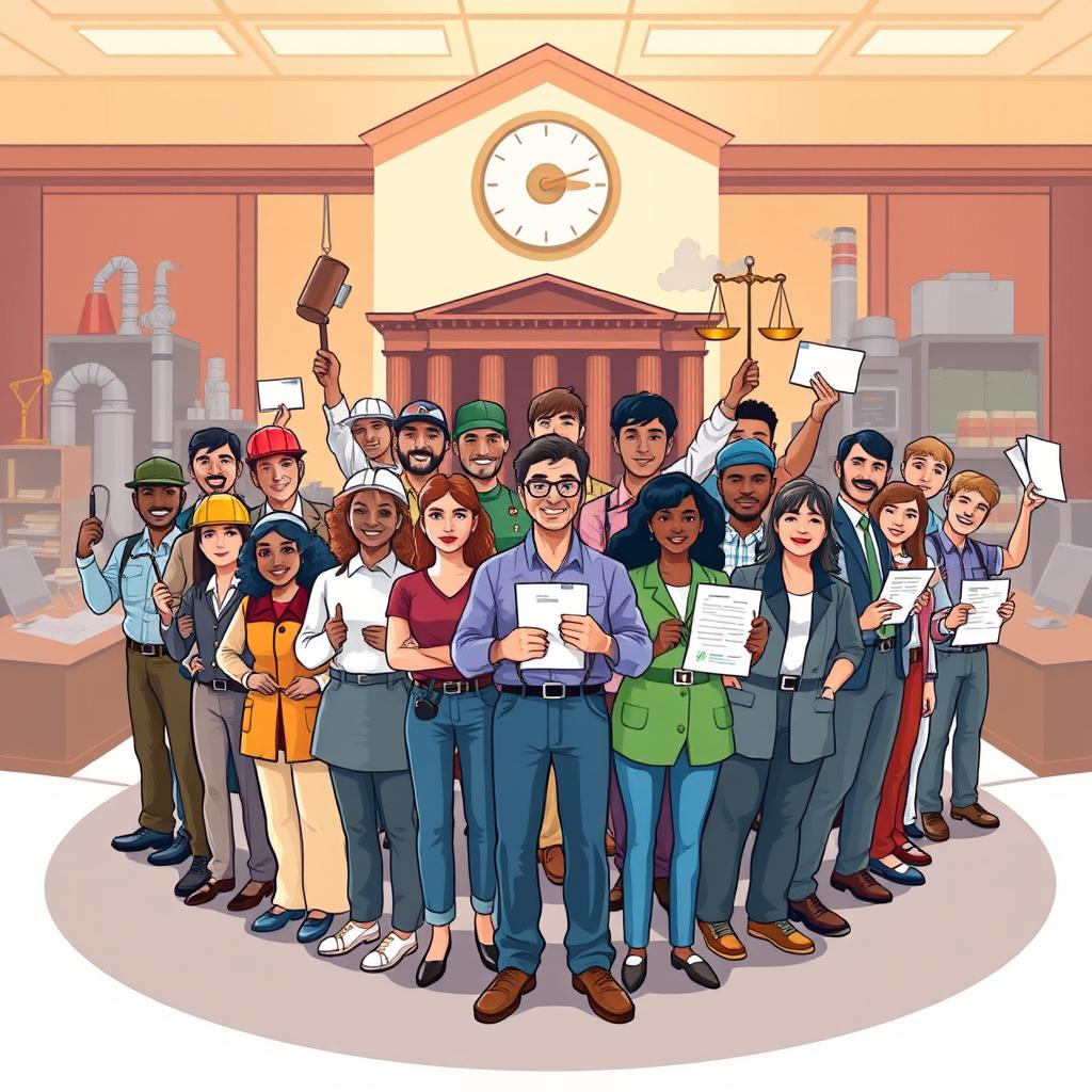 An inspiring illustration representing workers' rights, featuring a diverse group of workers standing united in a circle