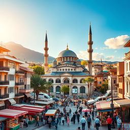 A lively cityscape depicting a mosque in a Balkan city, combining elements from Kosovo, Macedonia, and Albania