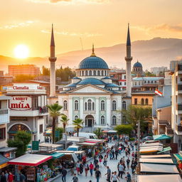 A lively cityscape depicting a mosque in a Balkan city, combining elements from Kosovo, Macedonia, and Albania