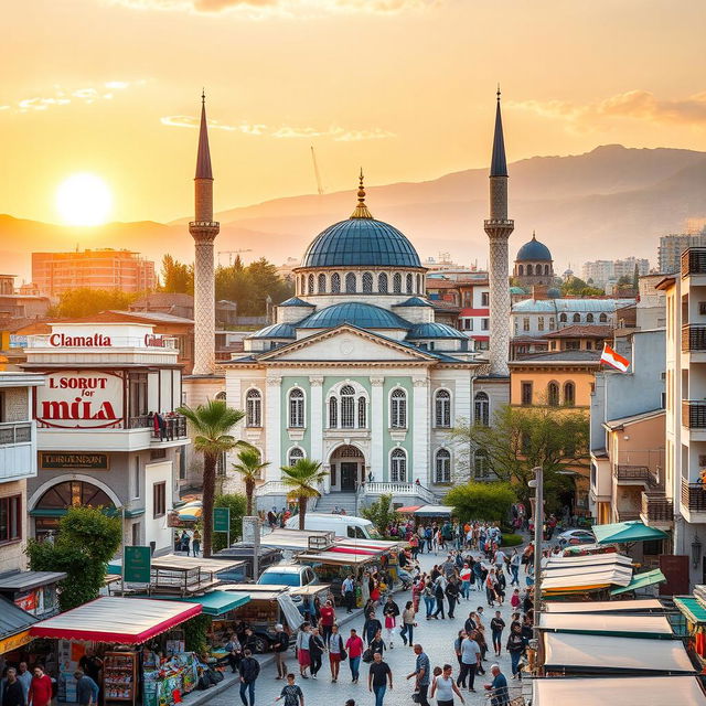 A lively cityscape depicting a mosque in a Balkan city, combining elements from Kosovo, Macedonia, and Albania