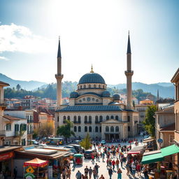 A lively cityscape depicting a mosque in a Balkan city, combining elements from Kosovo, Macedonia, and Albania