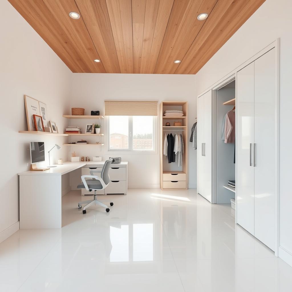 Cozy and stylish teenage girl bedroom featuring pristine white porcelain flooring that brings a sense of freshness and brightness