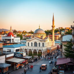 A vibrant cityscape featuring a mosque in a Balkan city that represents elements from Kosovo, Macedonia, and Albania