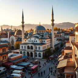 A vibrant cityscape featuring a mosque in a Balkan city that represents elements from Kosovo, Macedonia, and Albania