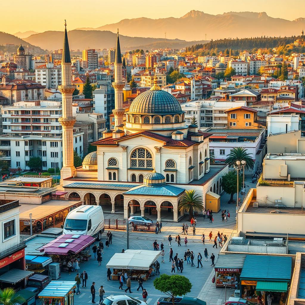 A vibrant cityscape featuring a mosque in a Balkan city that represents elements from Kosovo, Macedonia, and Albania