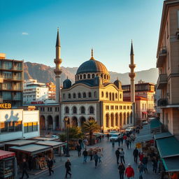 A vibrant cityscape featuring a mosque in a Balkan city that represents elements from Kosovo, Macedonia, and Albania