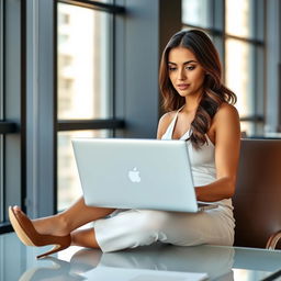 A 30-year-old fit and very tanned brunette woman working diligently on a laptop in a modern office setting