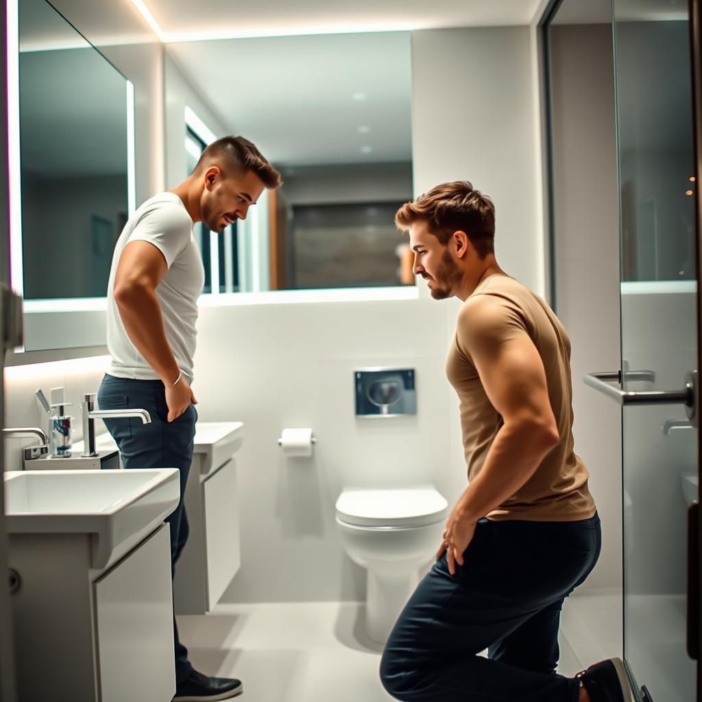 Two men in a bathroom, facing each other