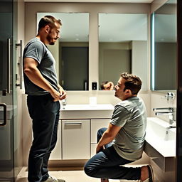 Two men in a bathroom, facing each other