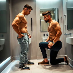 Two men in a bathroom, facing each other