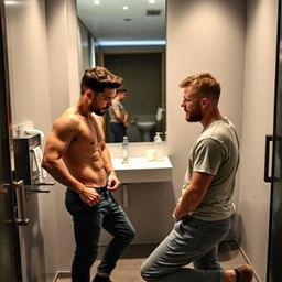 Two men in a bathroom, facing each other