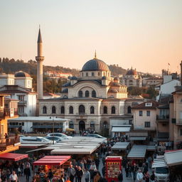 A lively Balkan cityscape featuring a beautiful mosque, blending architectural elements from Kosovo, Macedonia, and Albania