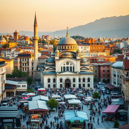 A lively Balkan cityscape featuring a beautiful mosque, blending architectural elements from Kosovo, Macedonia, and Albania