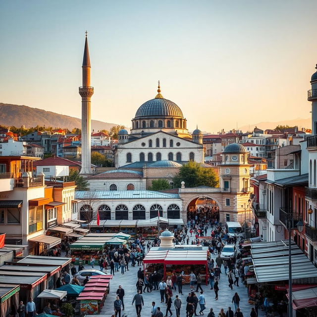 A lively Balkan cityscape featuring a beautiful mosque, blending architectural elements from Kosovo, Macedonia, and Albania