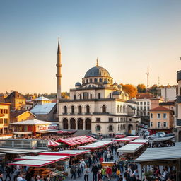 A lively Balkan cityscape featuring a beautiful mosque, blending architectural elements from Kosovo, Macedonia, and Albania