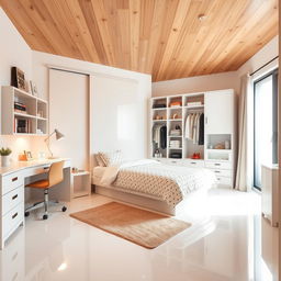 Cozy and stylish teenage girl bedroom featuring pristine white porcelain flooring that brings a sense of freshness and brightness