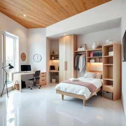 Cozy and stylish teenage girl bedroom featuring pristine white porcelain flooring that brings a sense of freshness and brightness