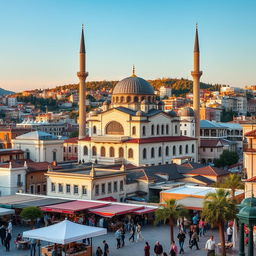 A vibrant and bustling Balkan cityscape featuring a magnificently designed mosque that reflects the architectural essence of Kosovo, Macedonia, and Albania