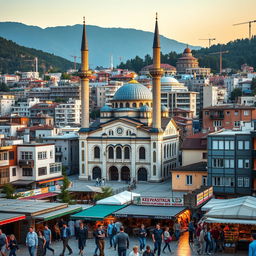 A vibrant and bustling Balkan cityscape featuring a magnificently designed mosque that reflects the architectural essence of Kosovo, Macedonia, and Albania