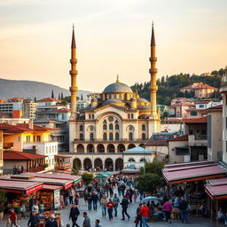 A vibrant and bustling Balkan cityscape featuring a magnificently designed mosque that reflects the architectural essence of Kosovo, Macedonia, and Albania