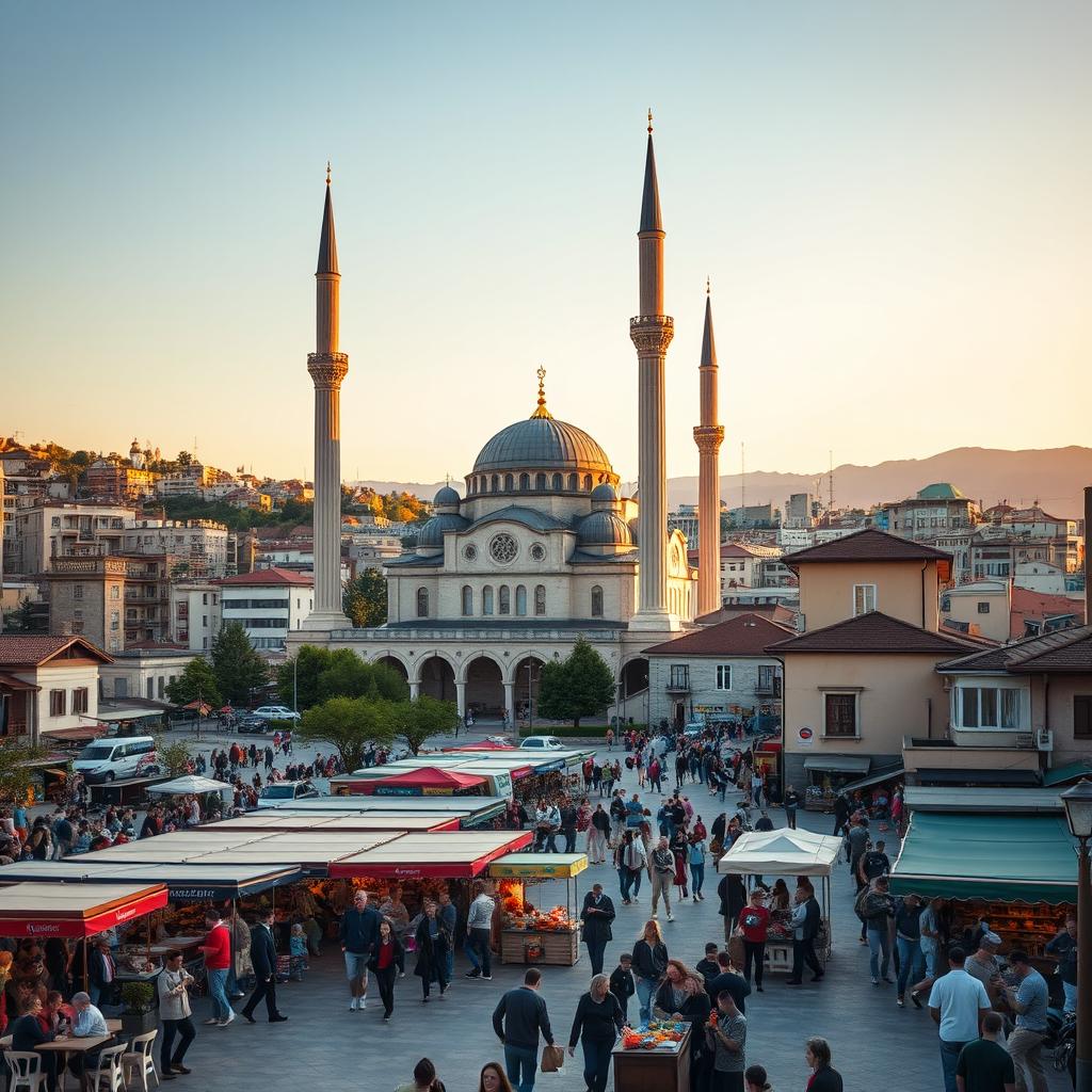 A vibrant and bustling Balkan cityscape featuring a magnificently designed mosque that reflects the architectural essence of Kosovo, Macedonia, and Albania