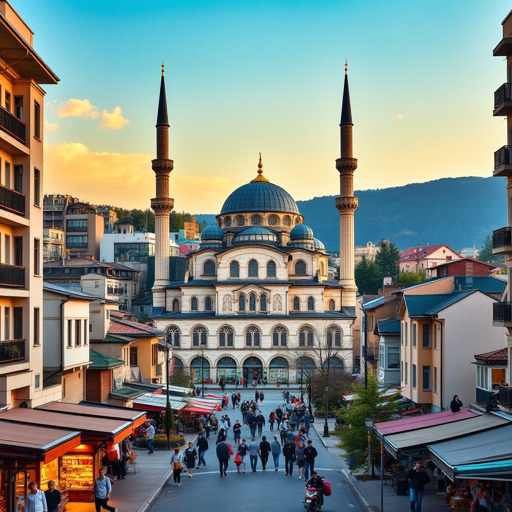 A vibrant cityscape depicting a stunning mosque in a Balkan city, incorporating architectural influences from Kosovo, Macedonia, and Albania