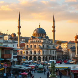 A vibrant cityscape depicting a stunning mosque in a Balkan city, incorporating architectural influences from Kosovo, Macedonia, and Albania