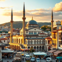 A vibrant cityscape depicting a stunning mosque in a Balkan city, incorporating architectural influences from Kosovo, Macedonia, and Albania