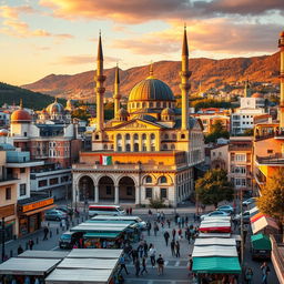 A vibrant cityscape depicting a stunning mosque in a Balkan city, incorporating architectural influences from Kosovo, Macedonia, and Albania