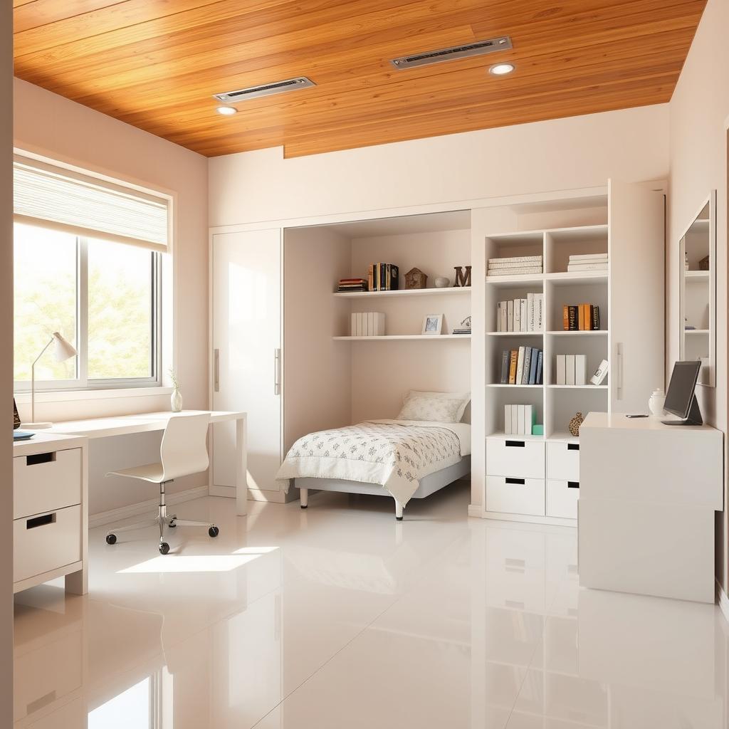 Charming teenage girl bedroom featuring sleek white porcelain flooring that brings a modern, clean and open feel to the space