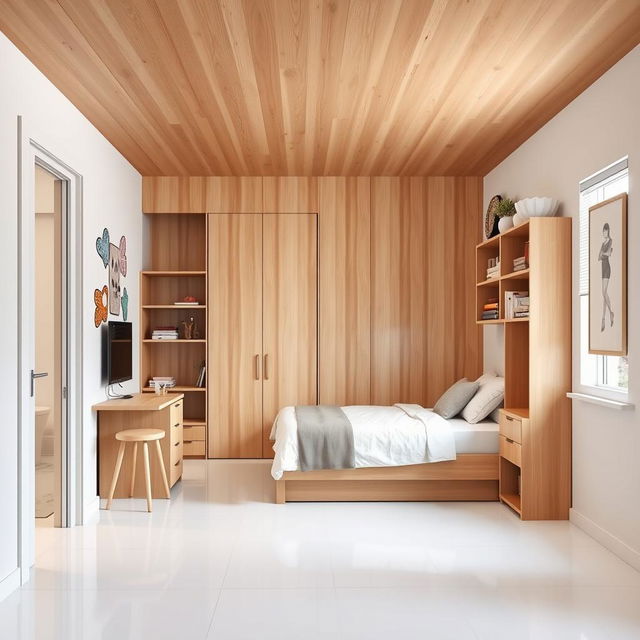 Charming teenage girl bedroom featuring sleek white porcelain flooring that brings a modern, clean and open feel to the space