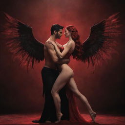 An engaging scene of Lucifer and Lilith in a passionate dance, their figures intertwining in a display of harmony and mysterious allure.