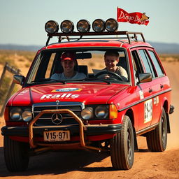 A hyper-realistic depiction of a 1980s red Mercedes wagon racing through the wild Australian outback