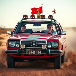 A hyper-realistic depiction of a 1980s red Mercedes wagon racing through the wild Australian outback