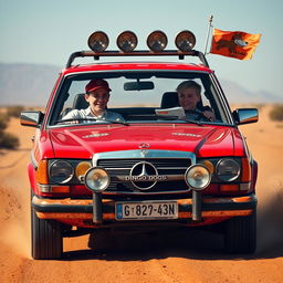 A hyper-realistic depiction of a 1980s red Mercedes wagon racing through the wild Australian outback