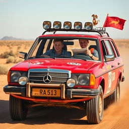 A hyper-realistic depiction of a 1980s red Mercedes wagon racing through the wild Australian outback