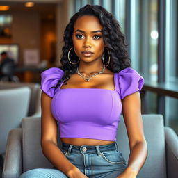 A confident young woman with a voluminous bust, wearing a stylish violet crop top that elegantly showcases her figure, seated comfortably with an assertive posture