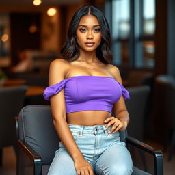 A confident young woman with a voluminous bust, wearing a stylish violet crop top that elegantly showcases her figure, seated comfortably with an assertive posture