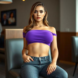 A confident young woman with a voluminous bust, wearing a stylish violet crop top that elegantly showcases her figure, seated comfortably with an assertive posture