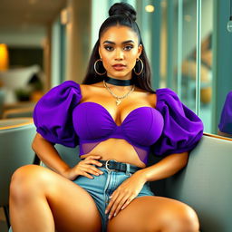 A confident young woman with a voluminous bust, wearing a stylish violet crop top that elegantly showcases her figure, seated comfortably with an assertive posture