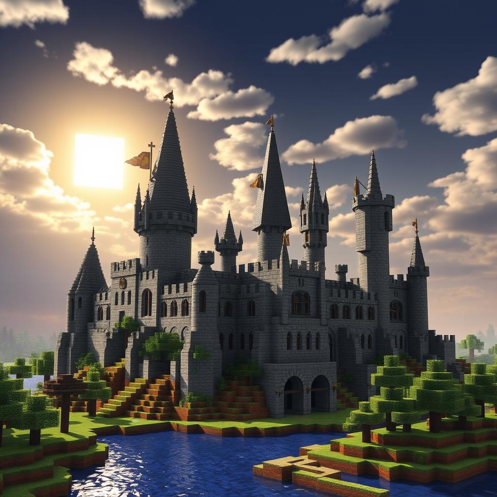 A captivating scene of a Harry Potter-inspired castle recreated in Minecraft style, showcasing blocky, pixelated architecture resembling the iconic Hogwarts School of Witchcraft and Wizardry