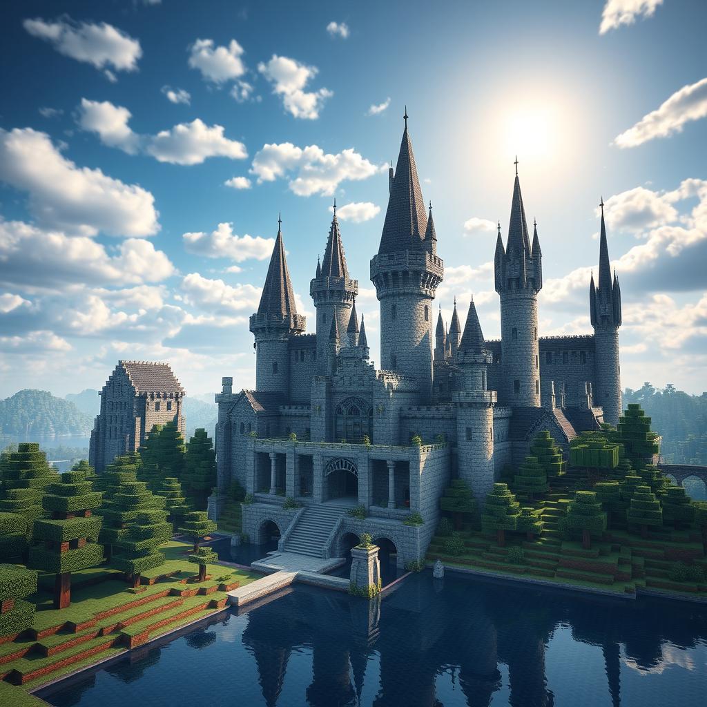 A captivating scene of a Harry Potter-inspired castle recreated in Minecraft style, showcasing blocky, pixelated architecture resembling the iconic Hogwarts School of Witchcraft and Wizardry