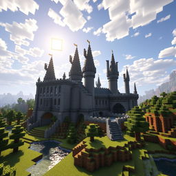 A captivating scene of a Harry Potter-inspired castle recreated in Minecraft style, showcasing blocky, pixelated architecture resembling the iconic Hogwarts School of Witchcraft and Wizardry