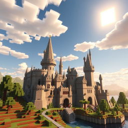 A captivating scene of a Harry Potter-inspired castle recreated in Minecraft style, showcasing blocky, pixelated architecture resembling the iconic Hogwarts School of Witchcraft and Wizardry