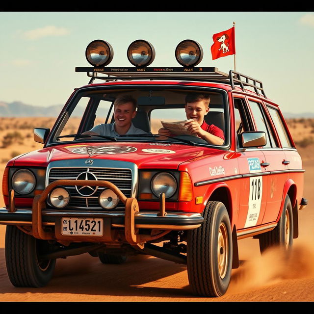 A hyper-realistic scene capturing a 1980s red Mercedes wagon in a thrilling wild Australian outback race